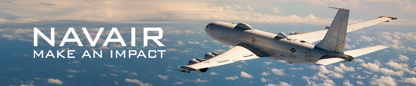 Military aircraft flying with NAVAIR tagline NAVAIR - Make an Impact
